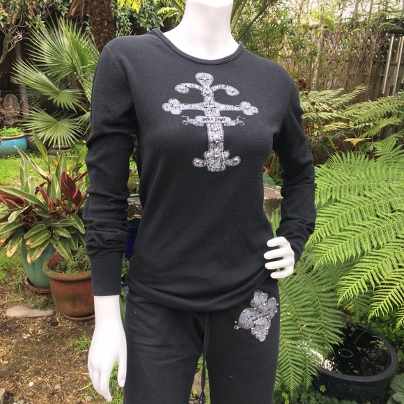 JACK AND JINGER Black Sweats w/Fleur-De-Lis Design - Picture 2 of 7